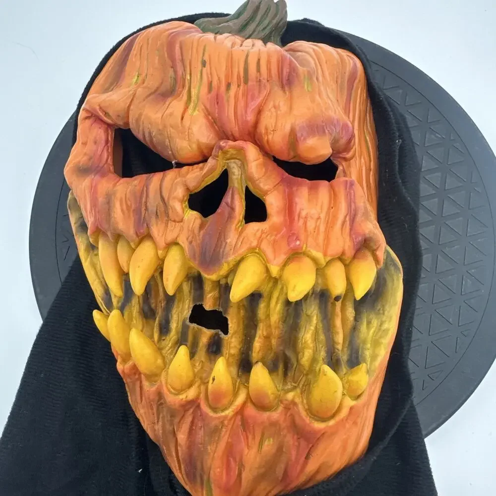 Halloween Evil Pumpkin Head Mask Jack O Lantern With Black Hood